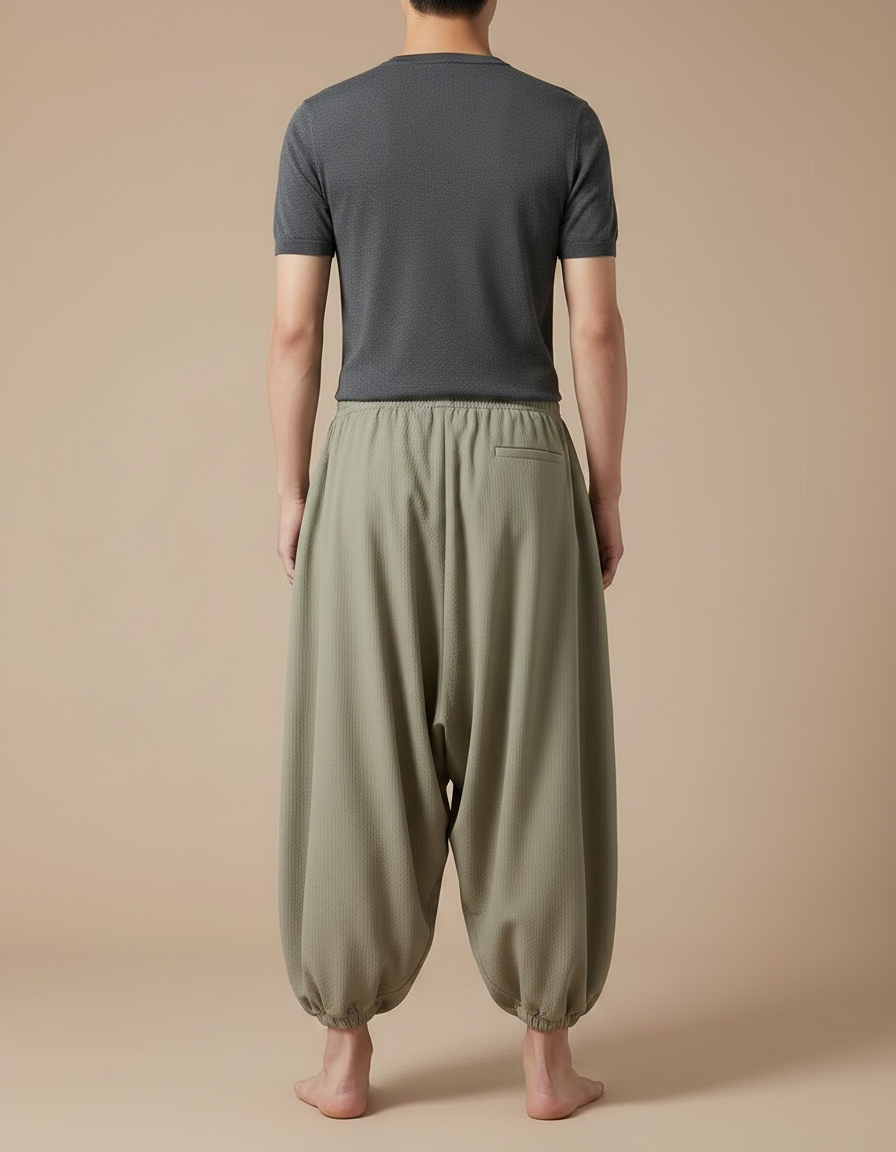 Pantalon Chinois Harem Vert Ample Cordon Décontracté Homme - Kaki Polyester - vue 2