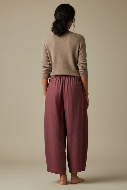 Pantalon Chinois Ample Lin Bordeaux Fluide Décontracté - vue 2