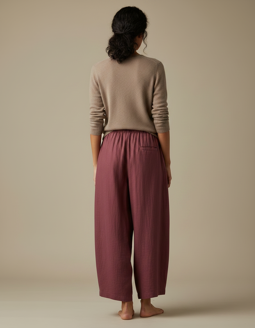 Pantalon Chinois Ample Lin Bordeaux Fluide Décontracté - vue 2