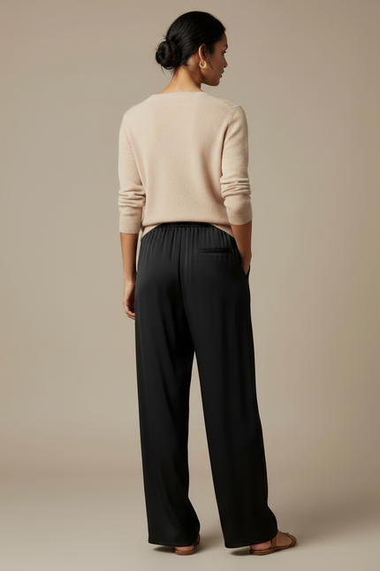 Pantalon Chinois Noir Satin Fluide Large Ceinture Élastique - vue 2