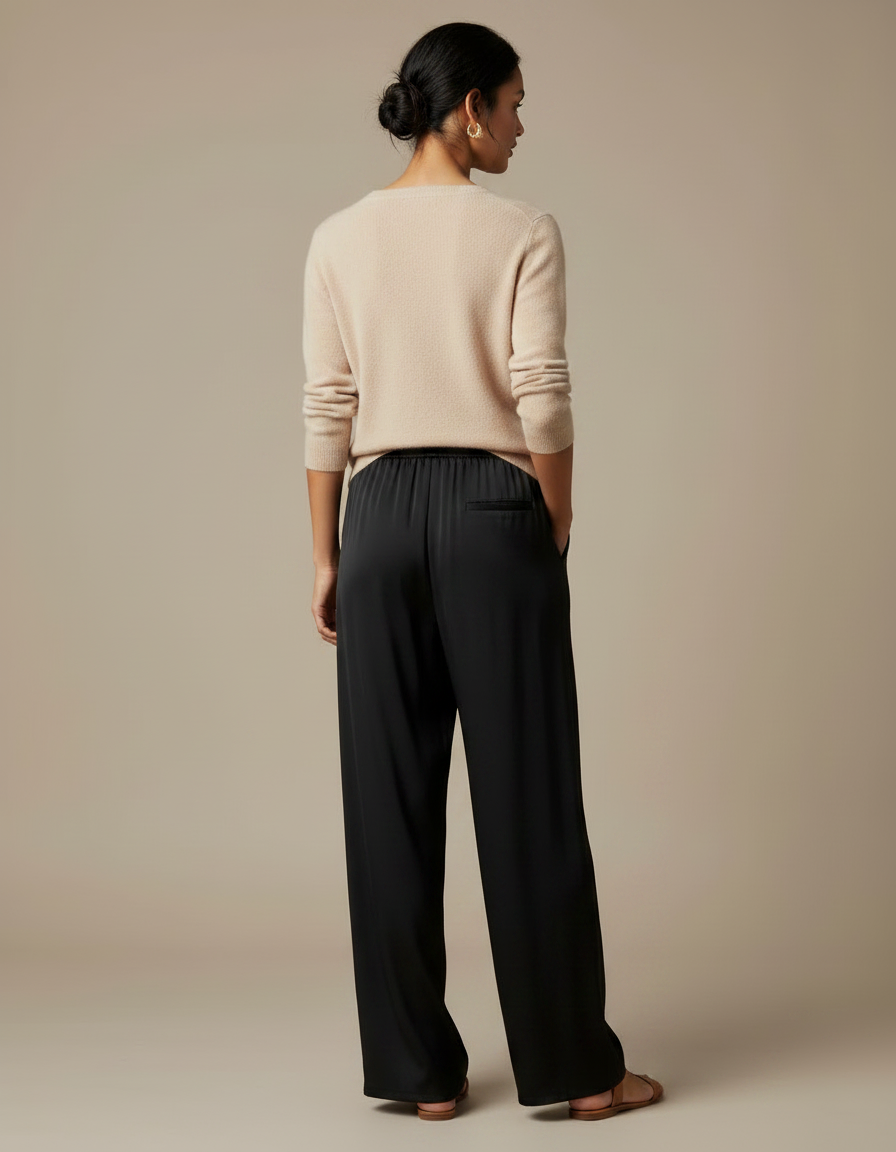 Pantalon Chinois Noir Satin Fluide Large Ceinture Élastique - vue 2