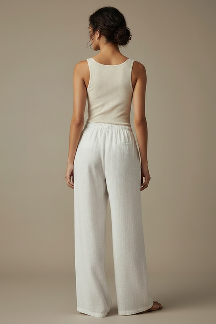 Pantalon Chinois Lin Blanc Ample Décontracté Fluide - vue 2