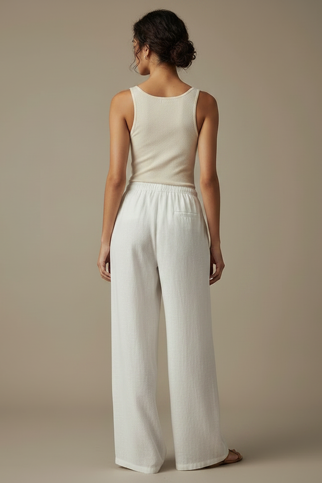 Pantalon Chinois Lin Blanc Ample Décontracté Fluide - vue 2