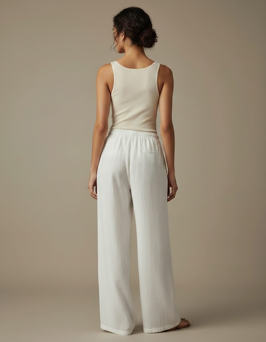 Pantalon Chinois Lin Blanc Ample Décontracté Fluide - vue 2