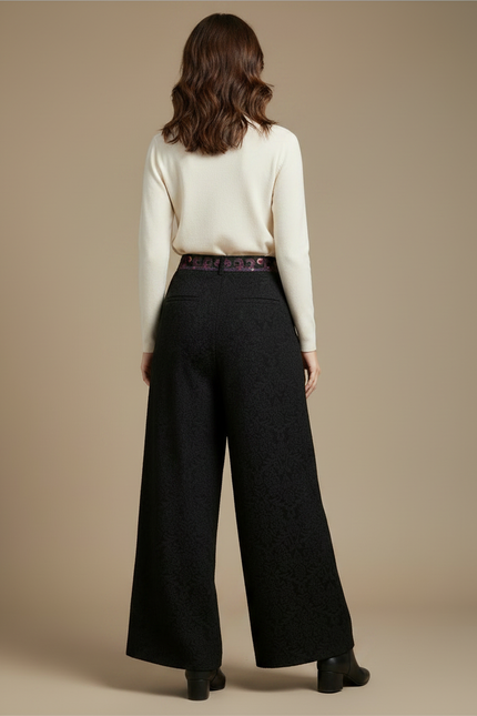Pantalon Chinois Noir Jacquard Brodé Ample Élégant Femme - Polyester - vue 2
