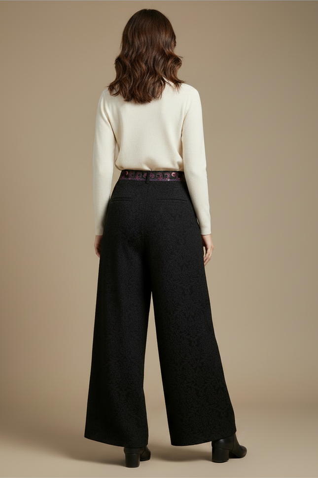 Pantalon Chinois Noir Jacquard Brodé Ample Élégant Femme - Polyester - vue 2