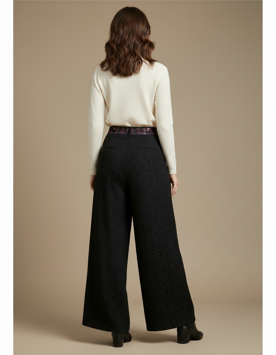Pantalon Chinois Noir Jacquard Brodé Ample Élégant Femme - Polyester - vue 2