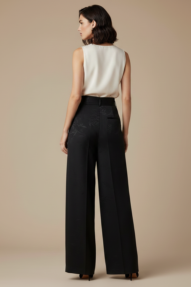 Pantalon Chinois Noir Jacquard Ample Ceinturé Fluide - Satin - vue 2