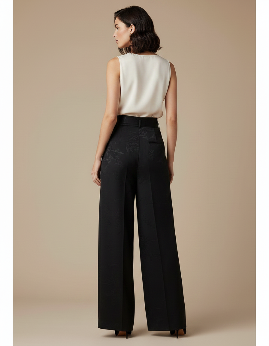 Pantalon Chinois Noir Jacquard Ample Ceinturé Fluide - Satin - vue 2