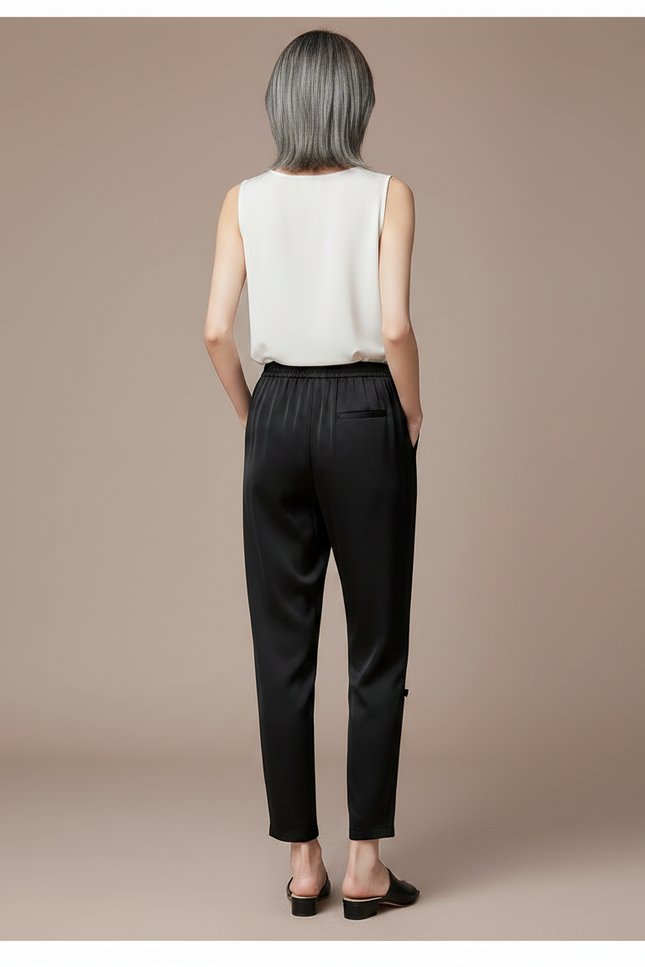 Pantalon Chinois Noir Satiné Ample Nœuds Femme - vue 2