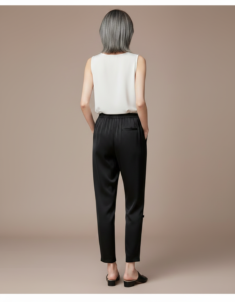 Pantalon Chinois Noir Satiné Ample Nœuds Femme - vue 2