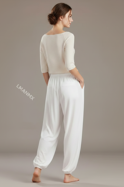 Pantalon Chinois Blanc Ample Fluide Sport Doux Femme - Viscose - vue 2