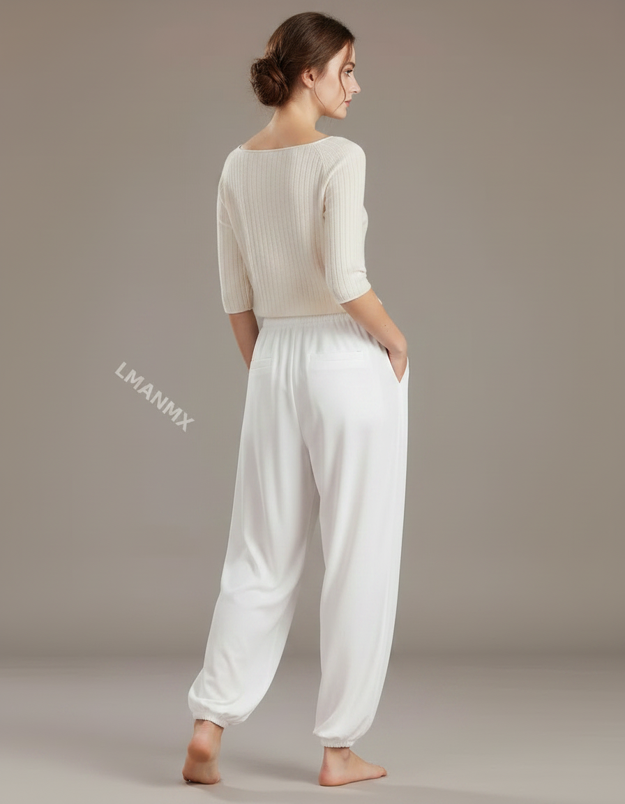 Pantalon Chinois Blanc Ample Fluide Sport Doux Femme - Viscose - vue 2