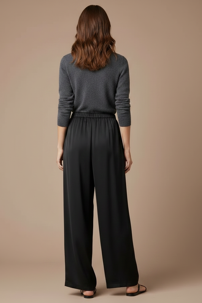 Pantalon Chinois Noir Ample Fluide Satiné Élégant - vue 2