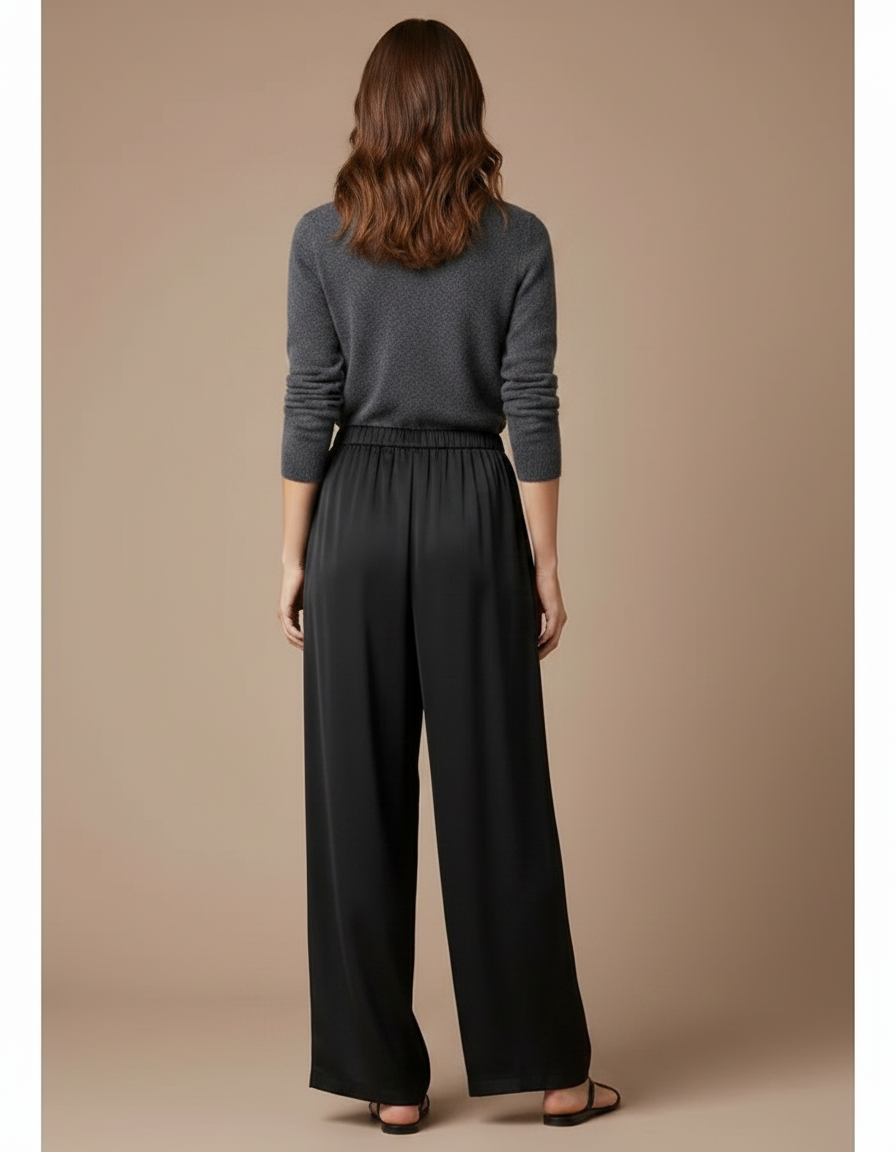 Pantalon Chinois Noir Ample Fluide Satiné Élégant - vue 2