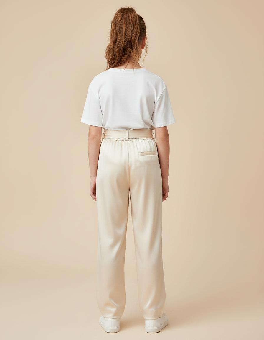 Pantalon Chinois Crème Satiné Ample Ceinturé Élégant - Beige - vue 2