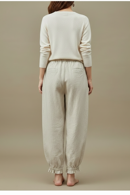 Pantalon Chinois Lin Ample Brodé Ethnique Estival - Beige - vue 2