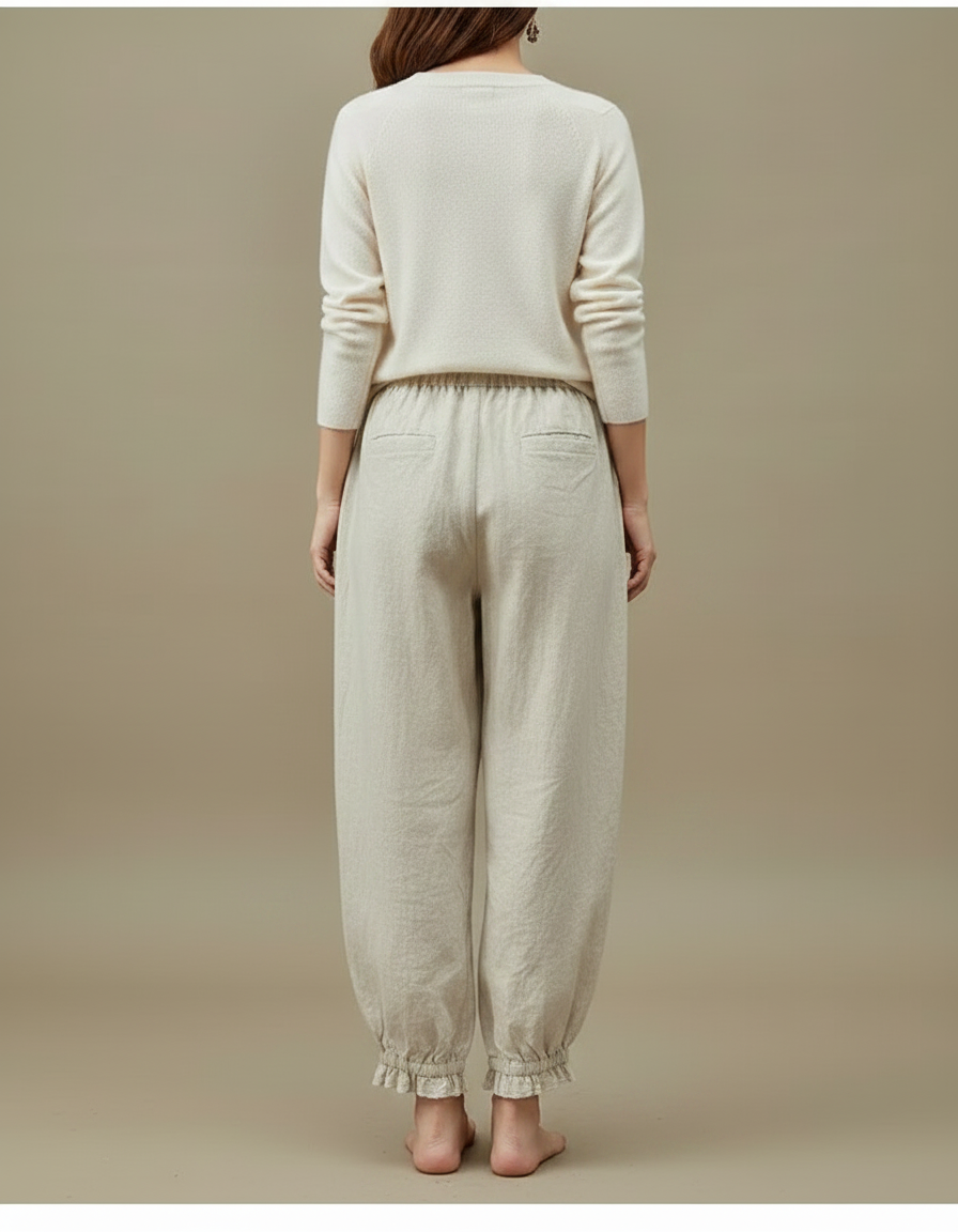 Pantalon Chinois Lin Ample Brodé Ethnique Estival - Beige - vue 2
