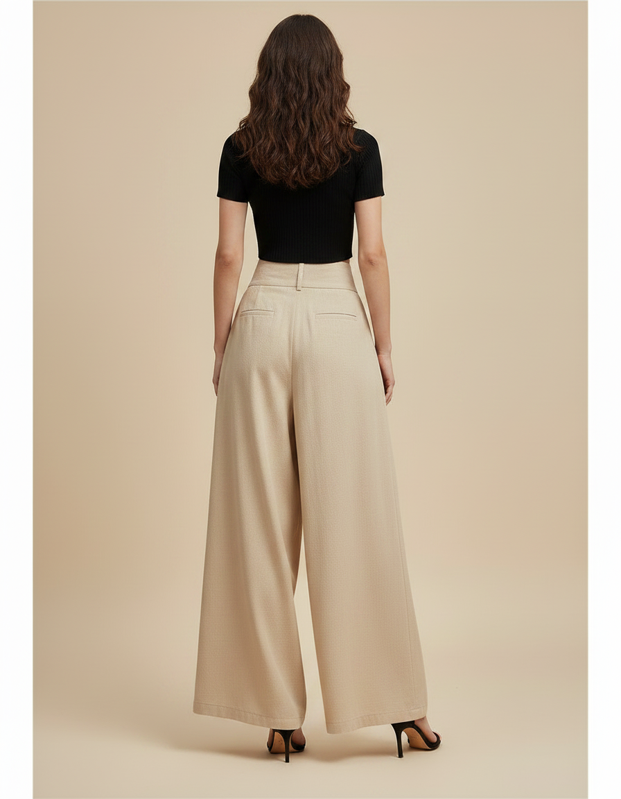 Pantalon Chinois Beige Plissé Ample Fluide Femme - Viscose - vue 2