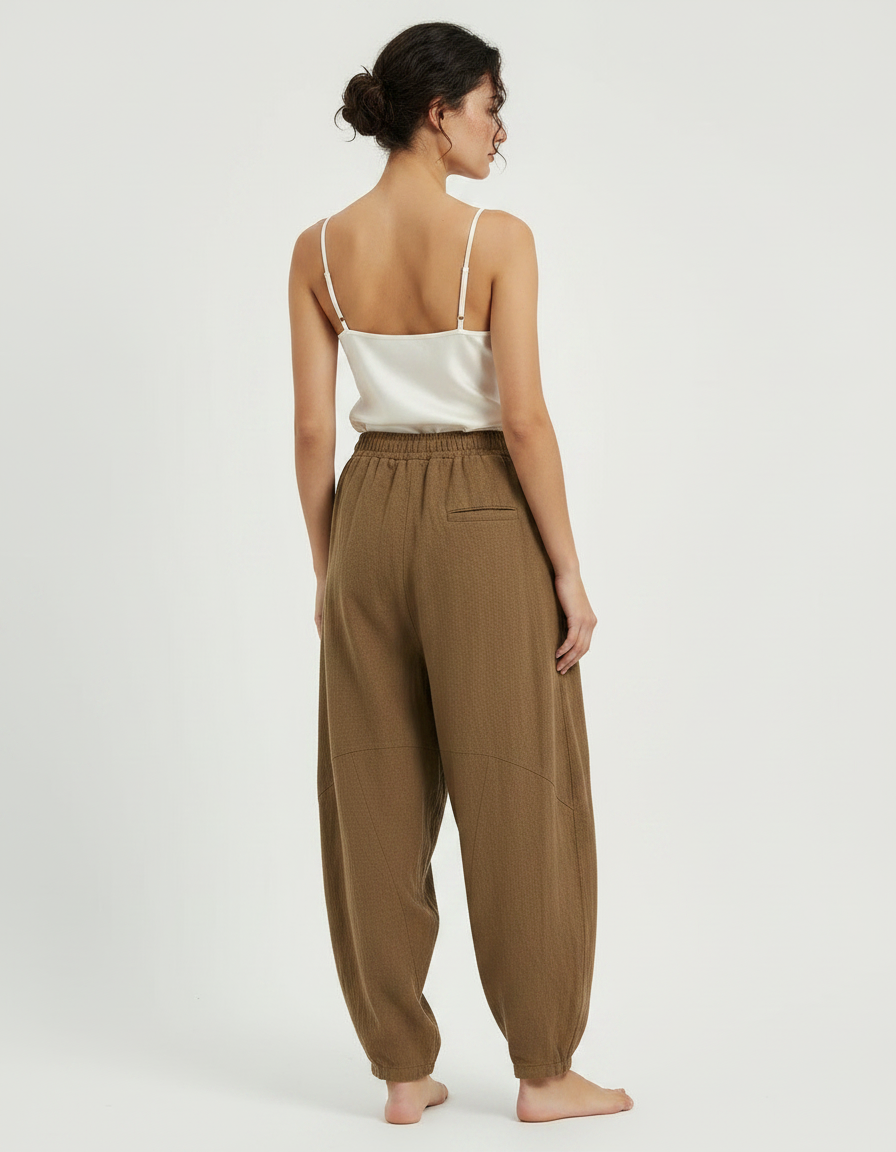 Pantalon Chinois Marron Ample Coton Lin Harem - vue 2