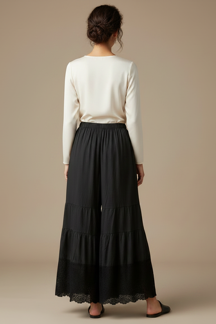 Pantalon Chinois Noir Ample Dentelle Bohème Fluide - Lin - vue 2