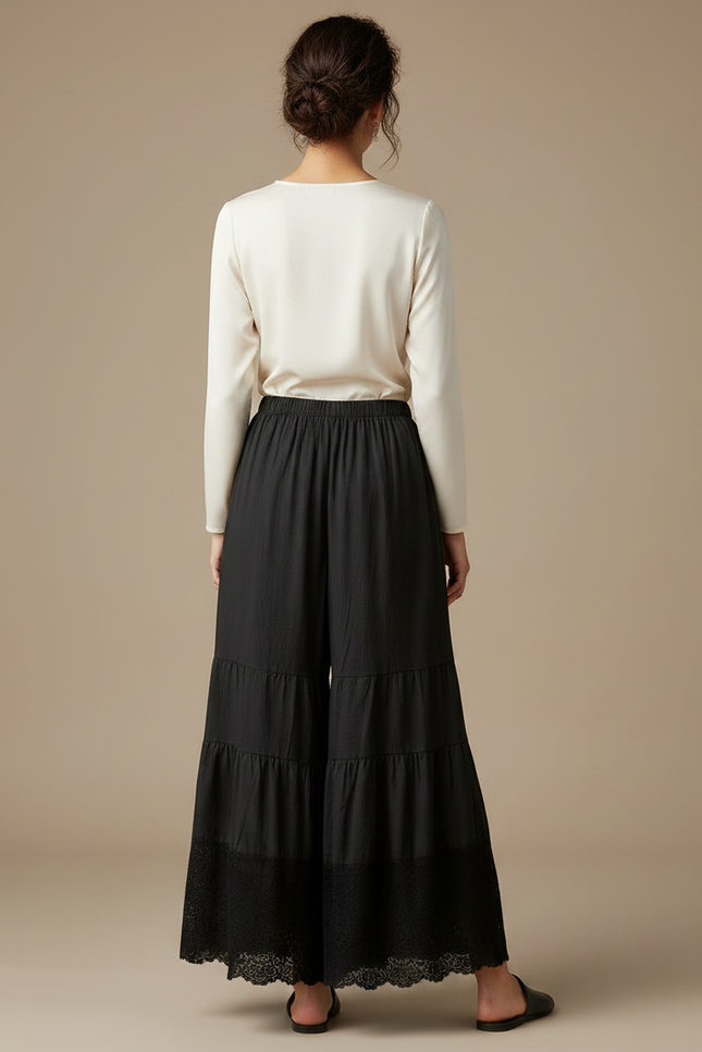 Pantalon Chinois Noir Ample Dentelle Bohème Fluide - Lin - vue 2