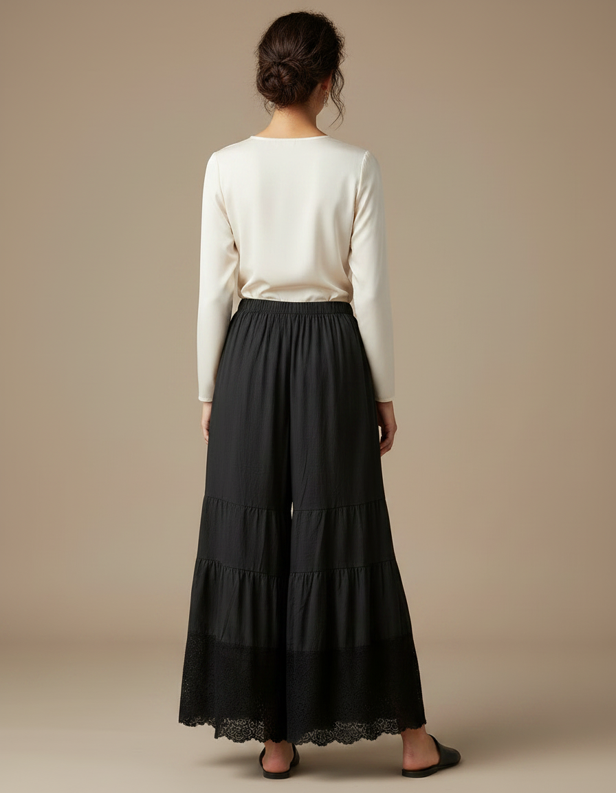 Pantalon Chinois Noir Ample Dentelle Bohème Fluide - Lin - vue 2