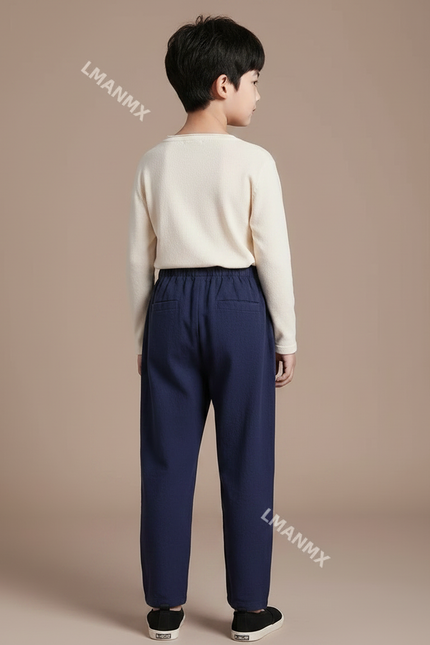 Pantalon Chinois Bleu Marine Ample Coton Lin Enfant - vue 2