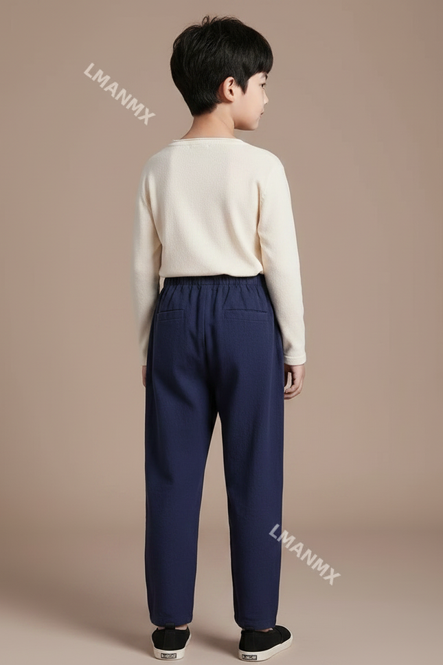 Pantalon Chinois Bleu Marine Ample Coton Lin Enfant - vue 2
