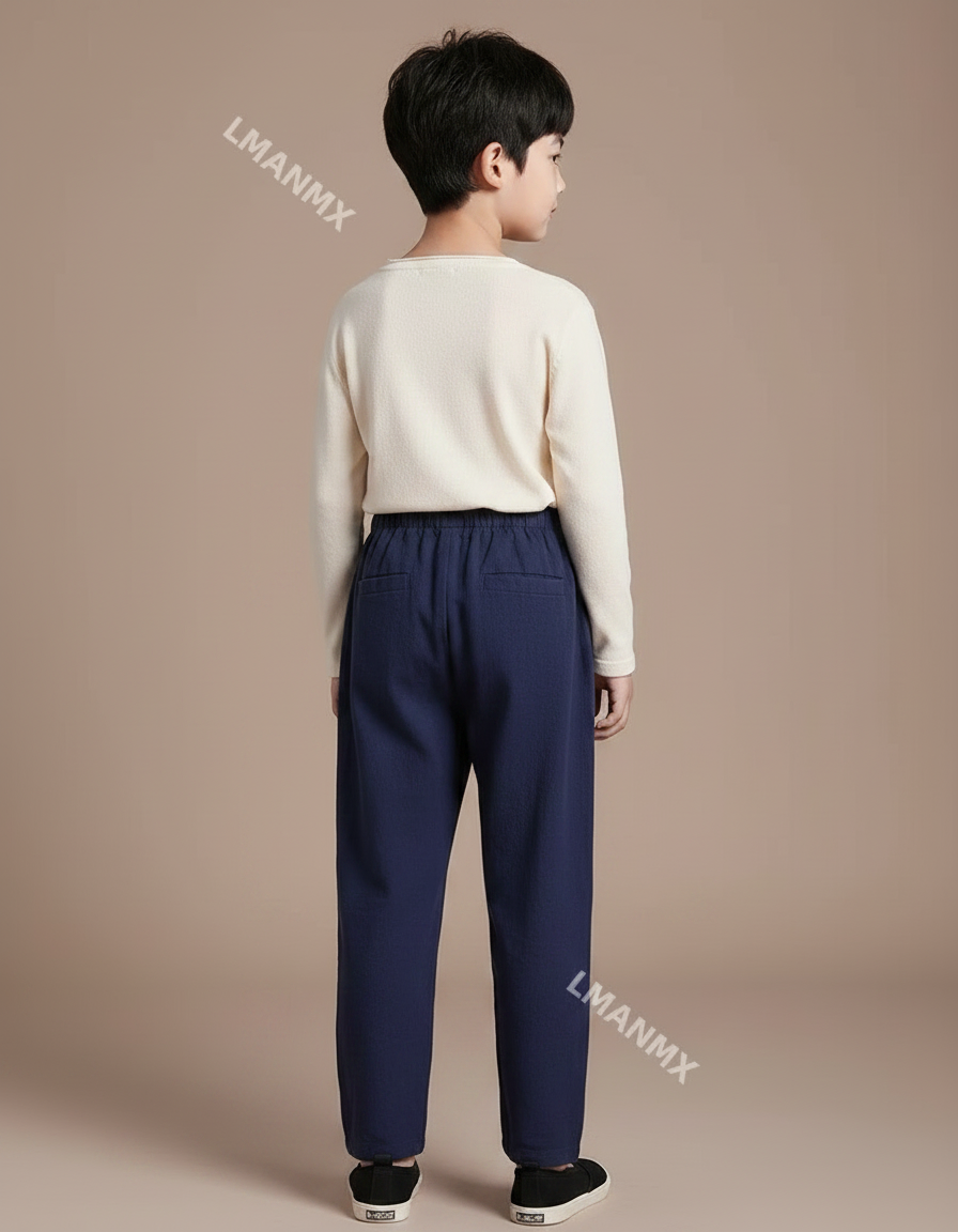 Pantalon Chinois Bleu Marine Ample Coton Lin Enfant - vue 2