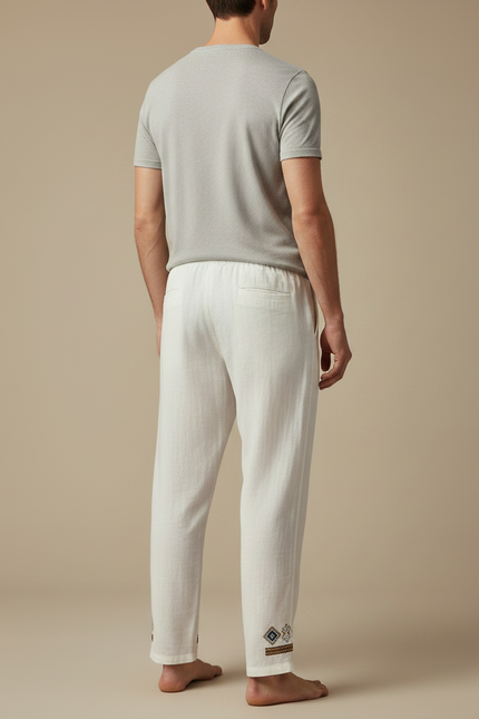 Pantalon Chinois Blanc Lin Brodé Ample Homme - vue 2