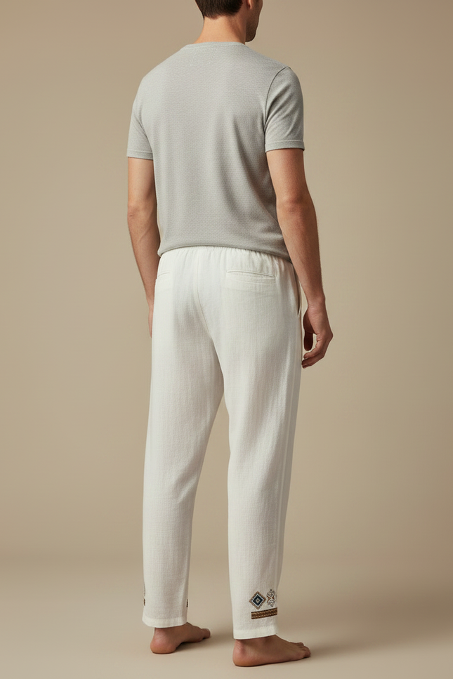 Pantalon Chinois Blanc Lin Brodé Ample Homme - vue 2