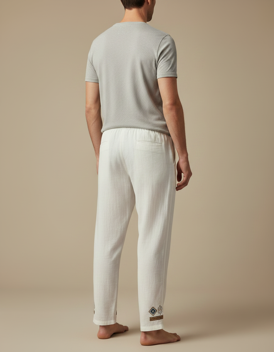Pantalon Chinois Blanc Lin Brodé Ample Homme - vue 2