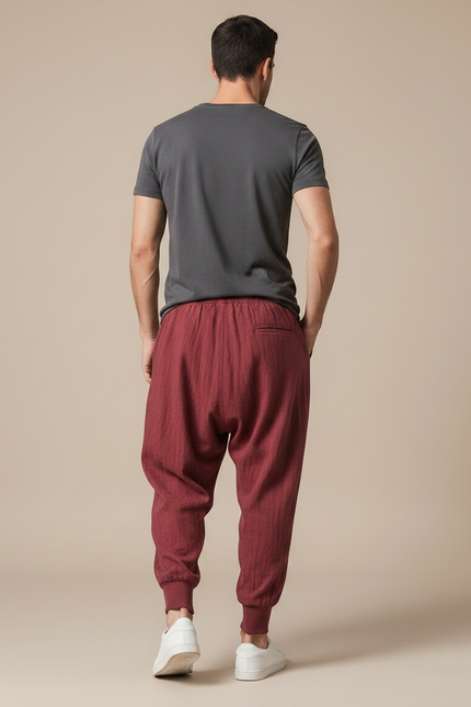 Pantalon Chinois Sarouel Lin Rouge Ample Décontracté Homme - Bordeaux - vue 2