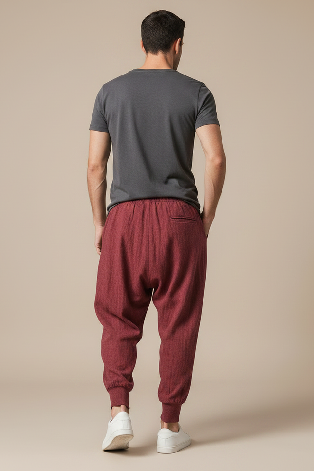 Pantalon Chinois Sarouel Lin Rouge Ample Décontracté Homme - Bordeaux - vue 2