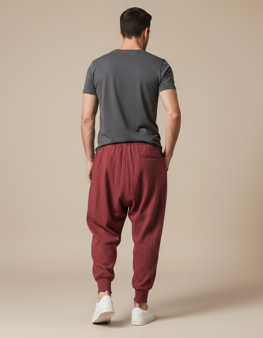 Pantalon Chinois Sarouel Lin Rouge Ample Décontracté Homme - Bordeaux - vue 2