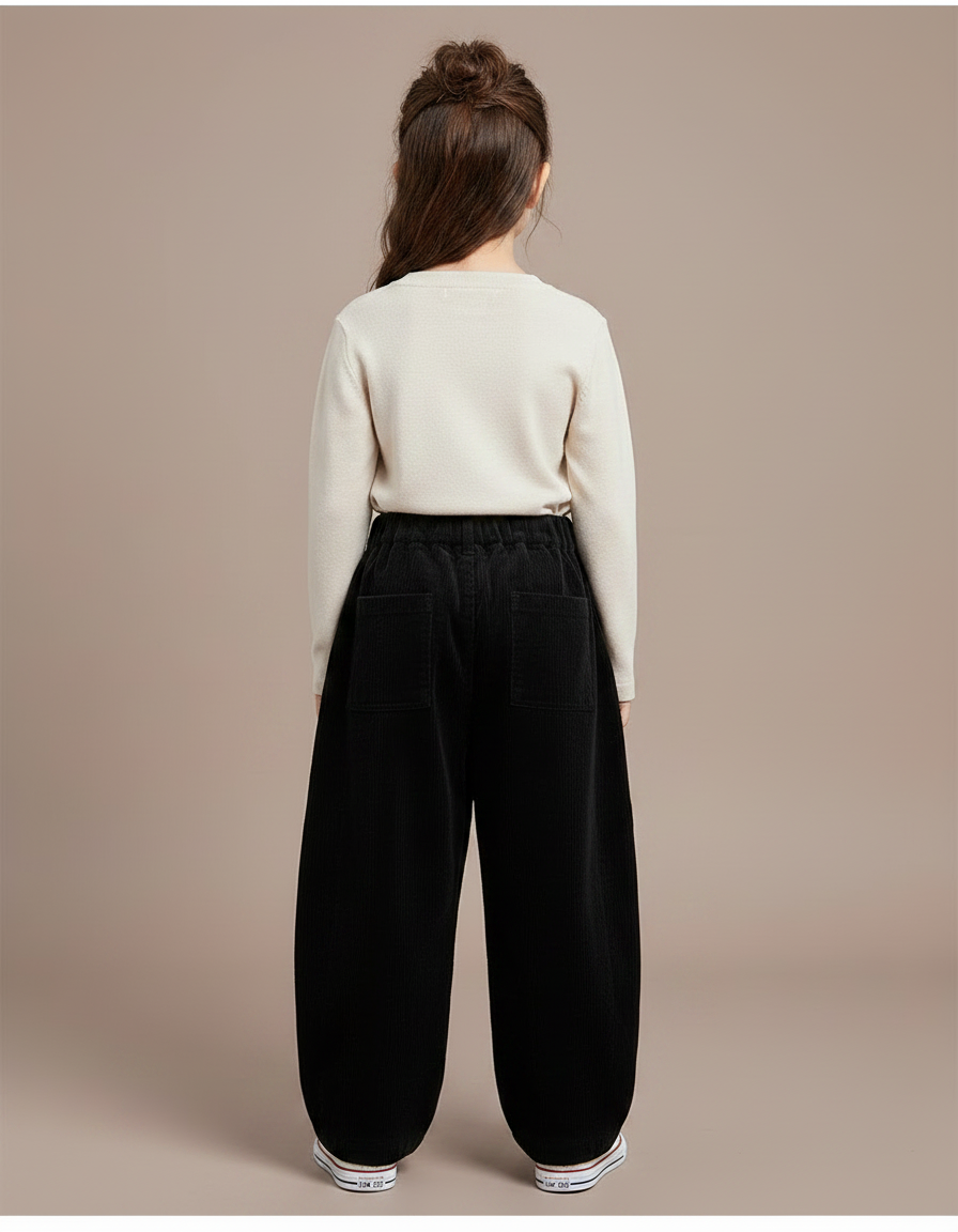 Pantalon Chinois Côtelé Noir Ample Enfant Décontracté - Cordé - vue 2