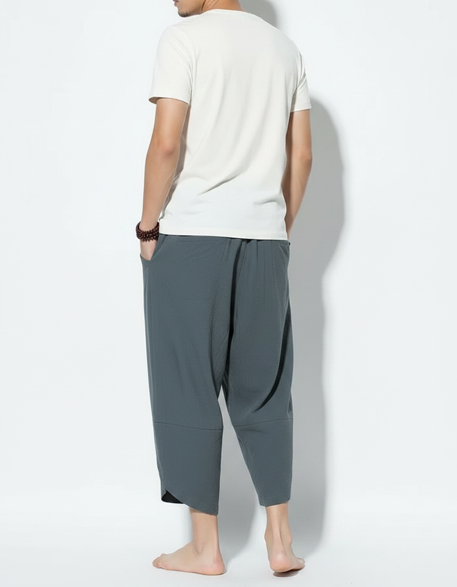 Pantalon Chinois Harem Coton Lin Homme Ample - Vert - vue 2