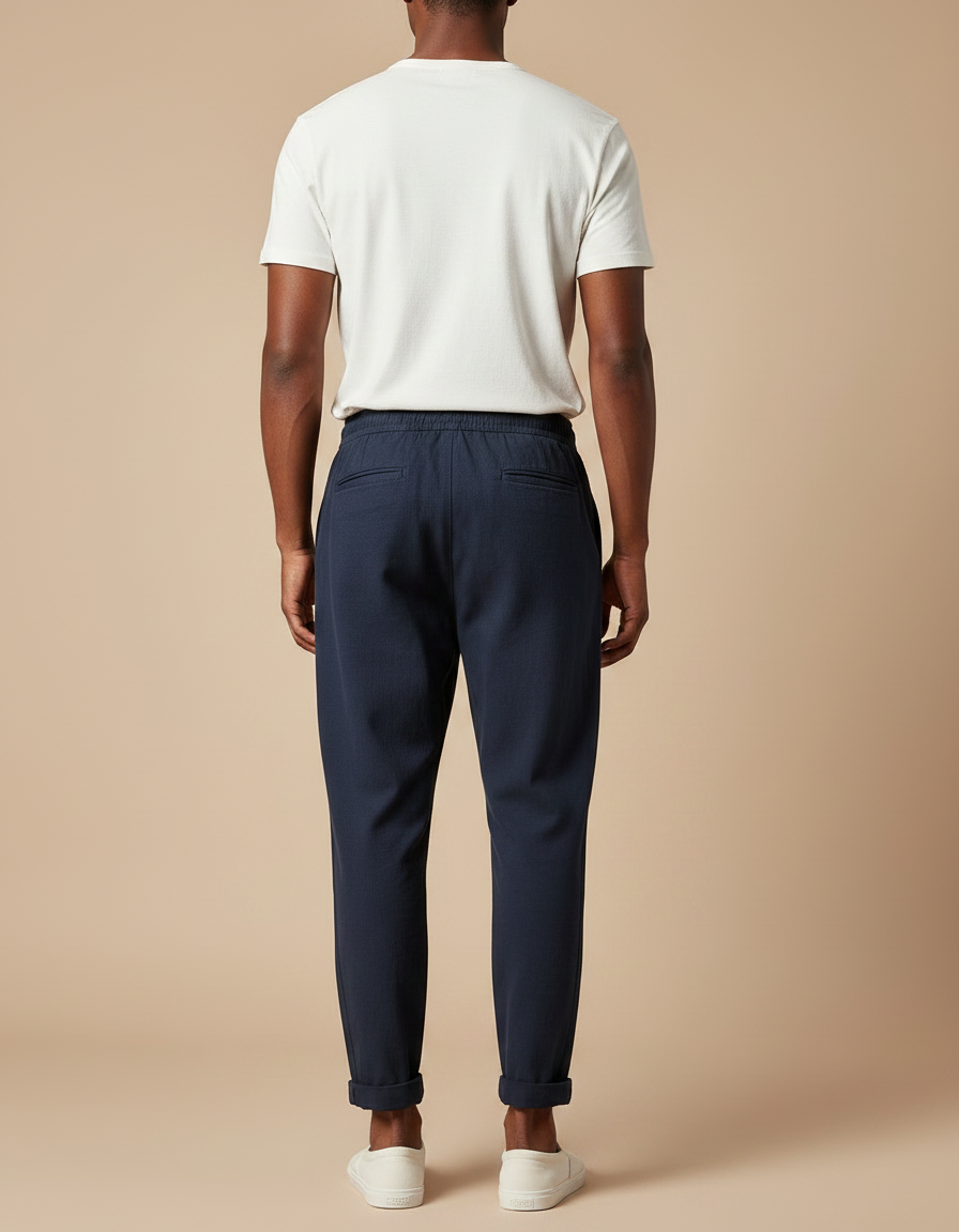 Pantalon Chinois Bleu Marine Coton Ample Cordon Décontracté - vue 2