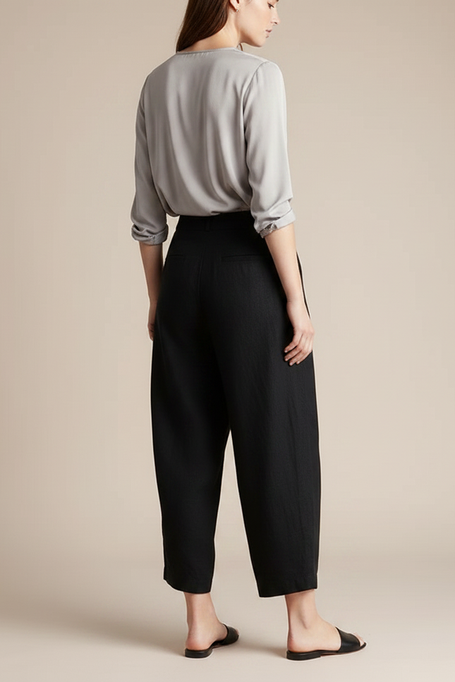 Pantalon Chinois Noir Ample Plissé Coton Lin - vue 2