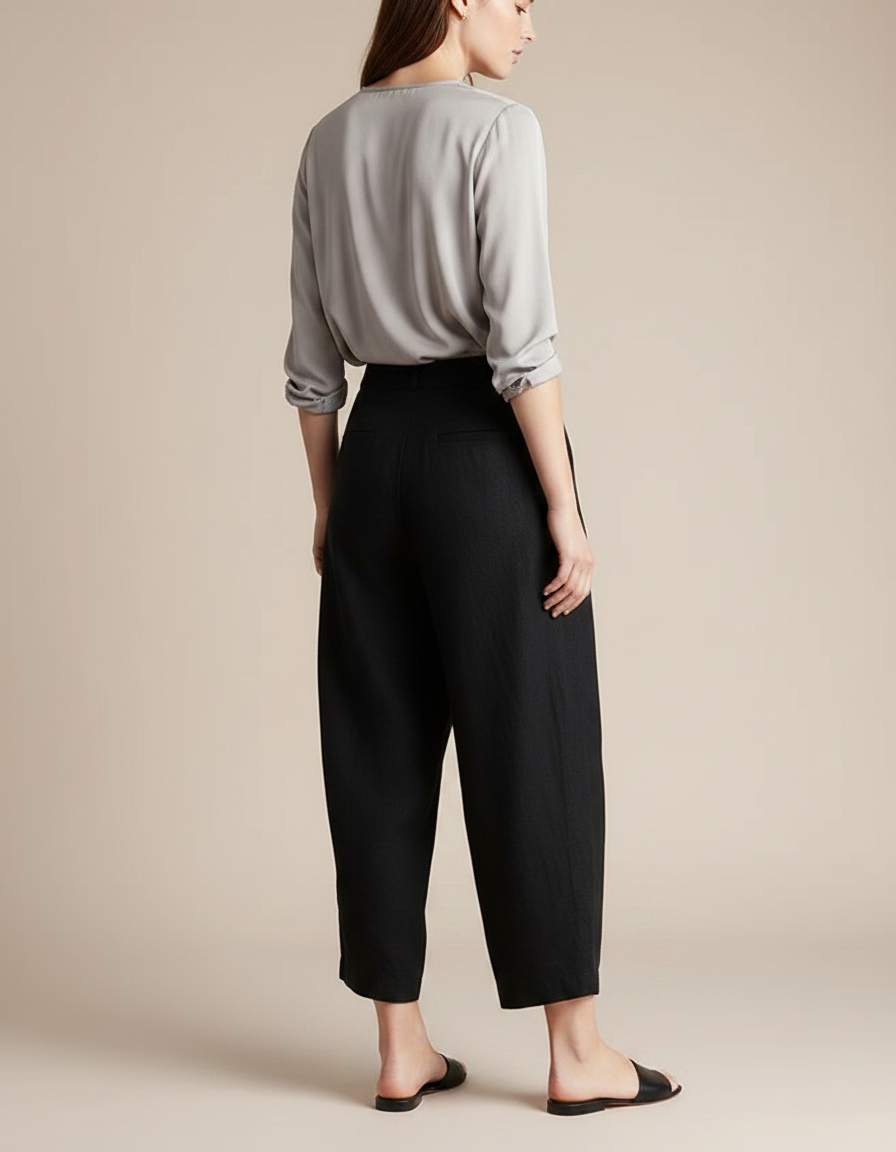Pantalon Chinois Noir Ample Plissé Coton Lin - vue 2