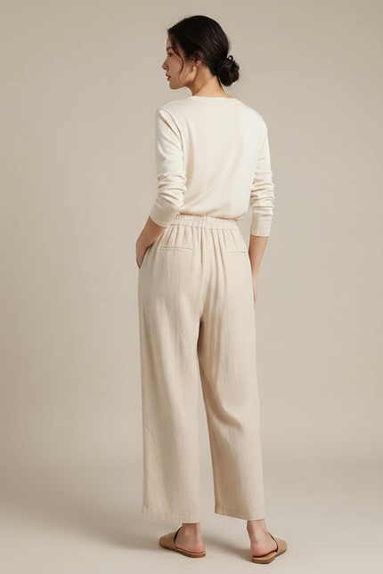 Pantalon Chinois Lin Beige Ample Brodé Bambou - vue 2
