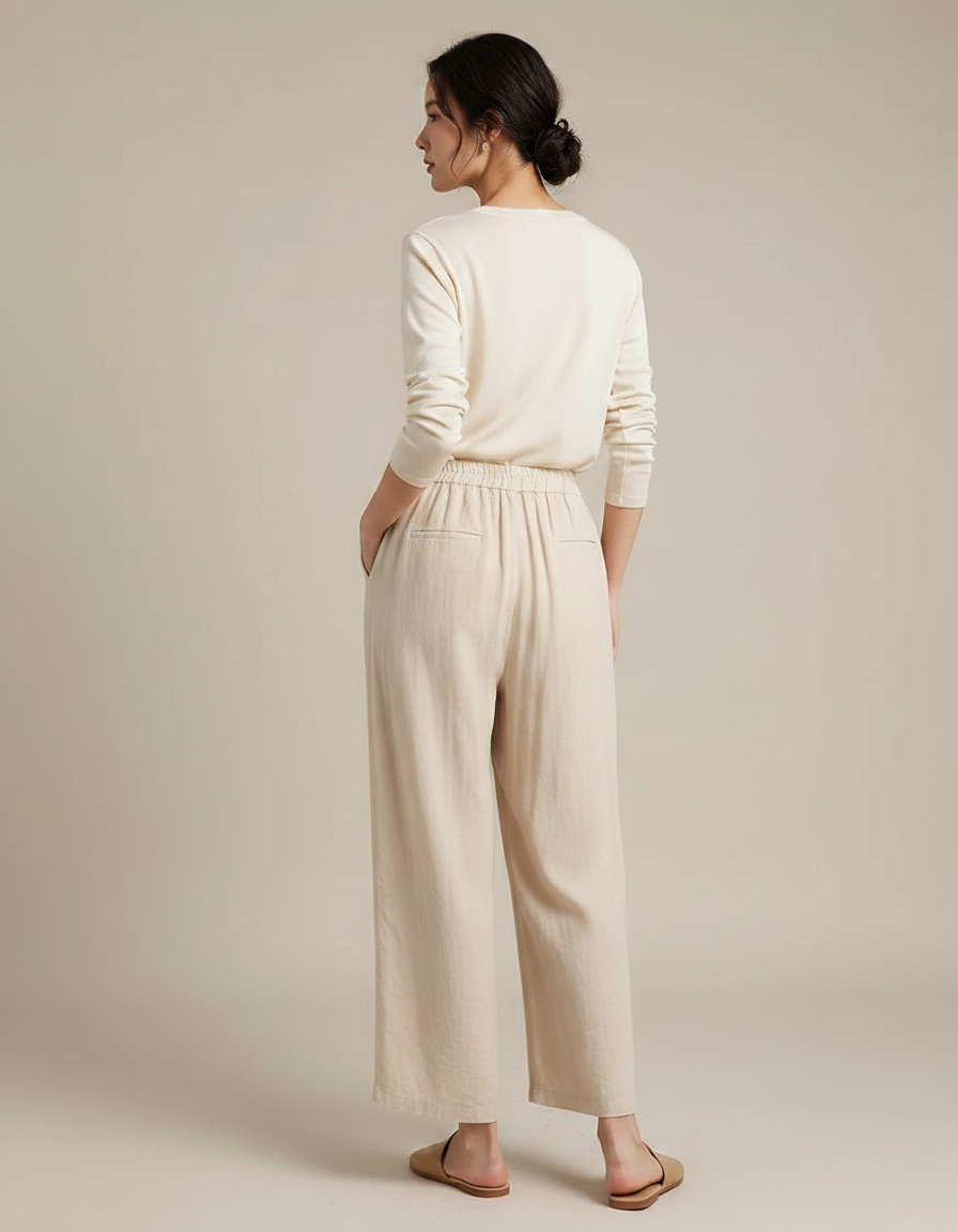 Pantalon Chinois Lin Beige Ample Brodé Bambou - vue 2