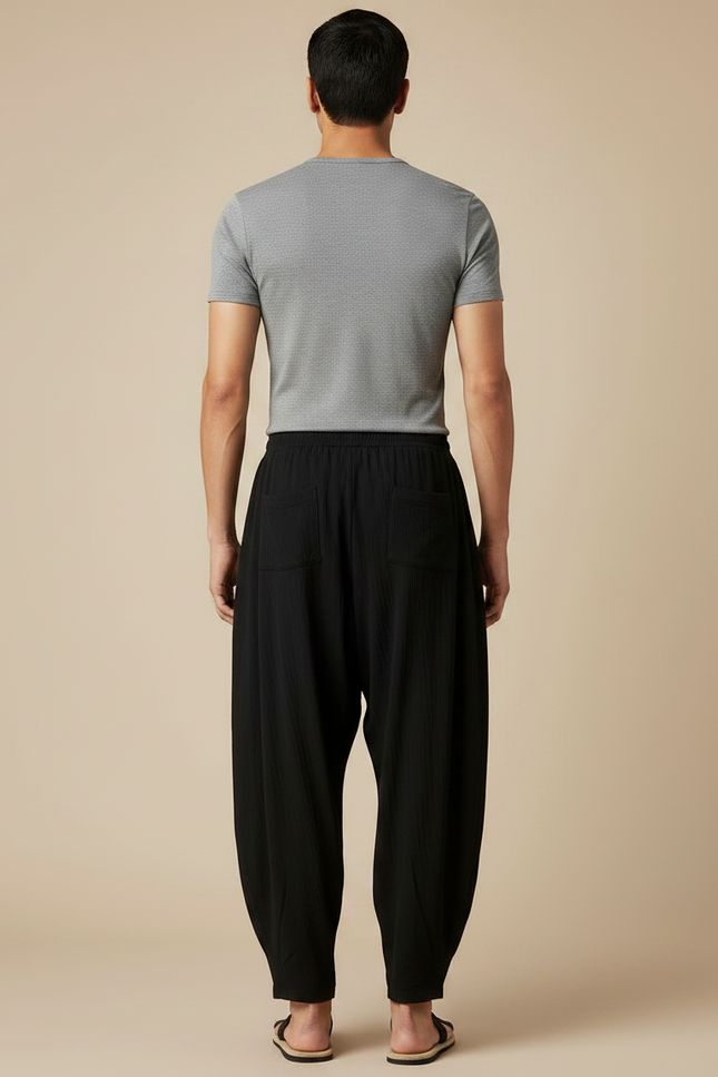 Pantalon Chinois Noir Ample Lin Décontracté Homme - vue 2