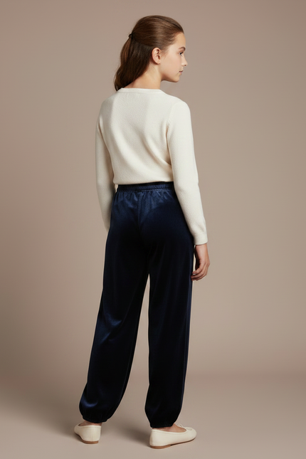 Pantalon Chinois Velours Bleu Marine Ample Élastique Fille - vue 2
