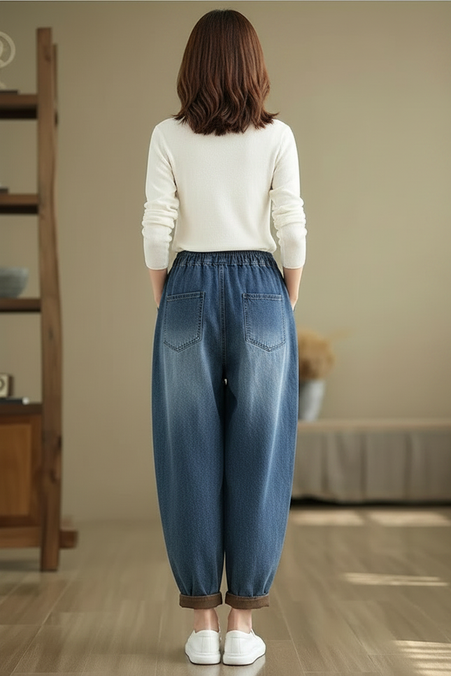 Pantalon Chinois Jean Harem Brodé Chat Poisson Femme - Bleu - vue 2