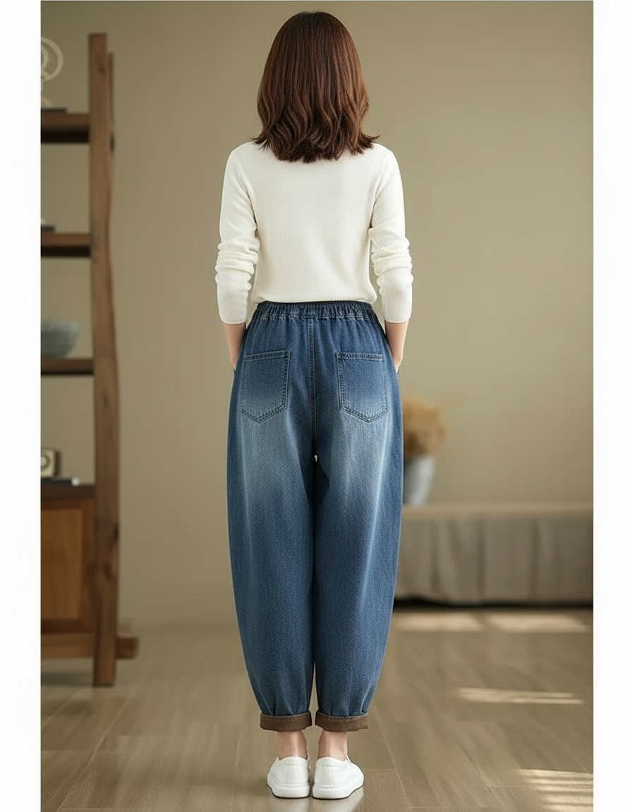 Pantalon Chinois Jean Harem Brodé Chat Poisson Femme - Bleu - vue 2