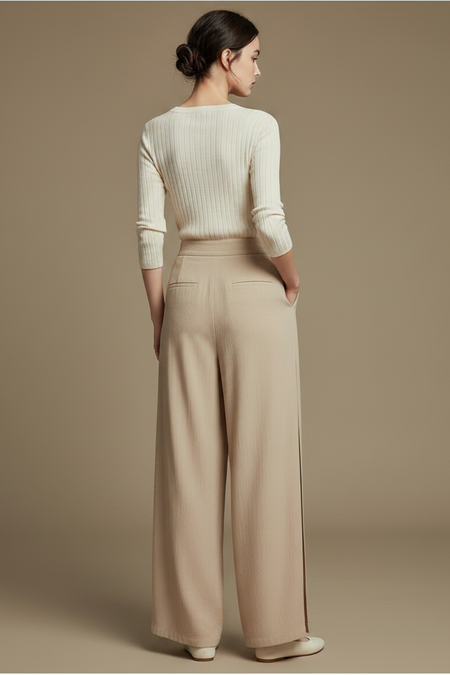 Pantalon Chinois Beige Fluide Ample Fendu Élégant - Lin - vue 2