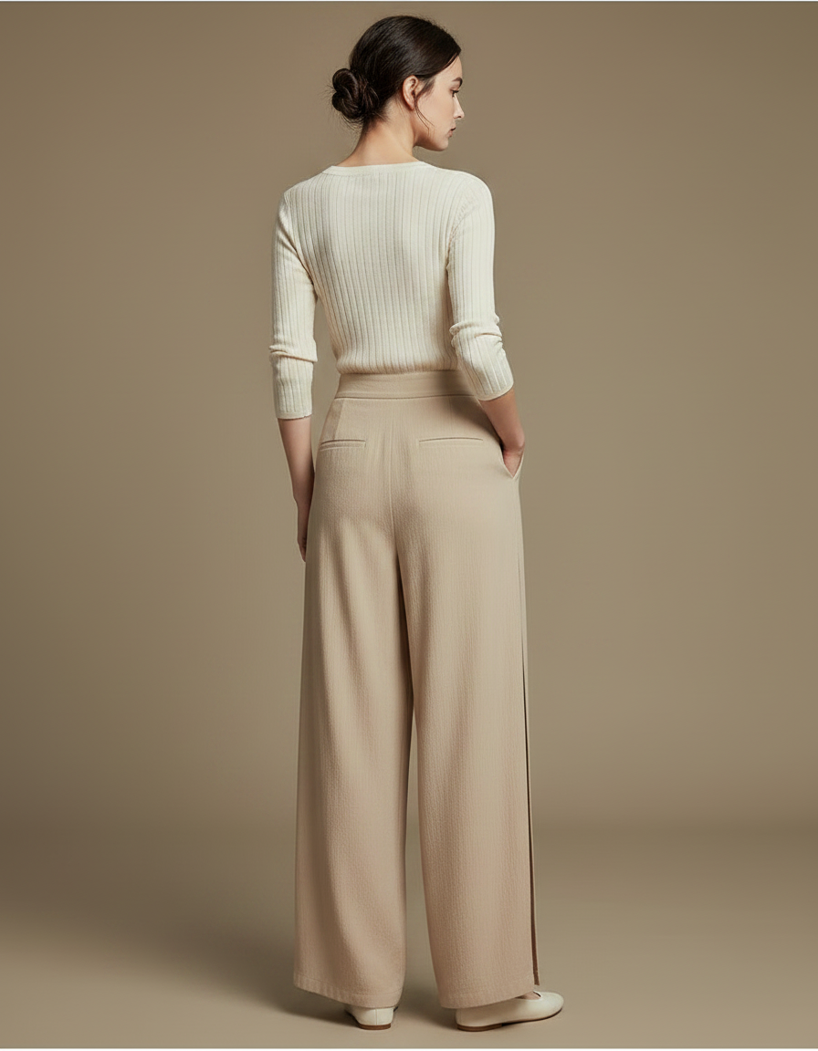Pantalon Chinois Beige Fluide Ample Fendu Élégant - Lin - vue 2