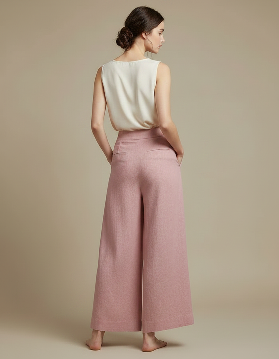 Pantalon Chinois Rose Ample Fluide Lin Femme - vue 2